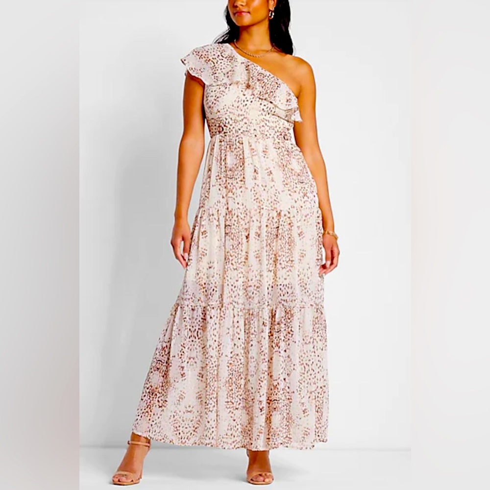 Rachel Zoe Metallic Print Ruffle One Shoulder Tiered Maxi Dress